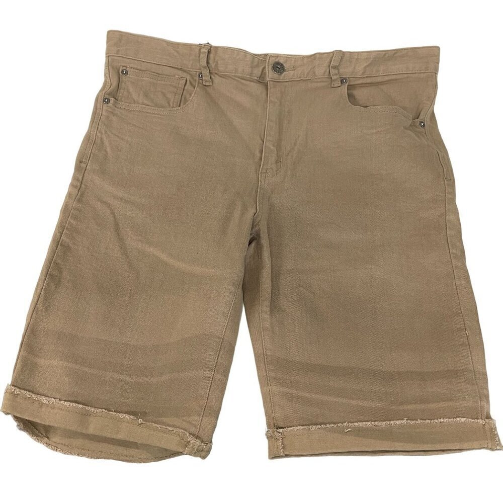 Men's Carbon Slim Fit Khaki Shorts 36 Waist Cotton/Spandex Frayed‎ Hem Casual